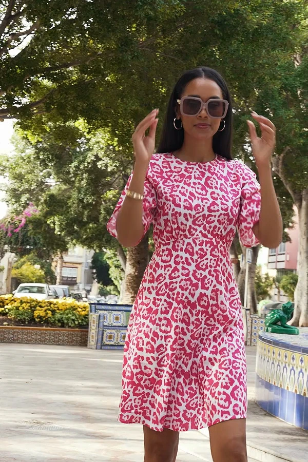 Pink Animal Print Fluted Sleeve Fit & Flare Dress 8 Pink Animal Print Fluted Sleeve Fit & Flare Dress - Image 6