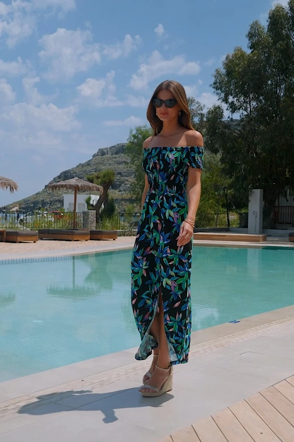 Black Tropical Print Bardot Midi Dress 7 Black Tropical Print Bardot Midi Dress - Image 5