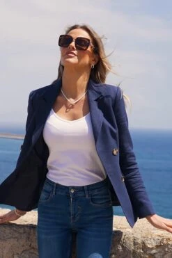 Navy Blue Linen Blend Tuxedo Blazer Jacket -Sosandar Fashion Store 011a9208ab2a6c9051d7e4d7a29d434404605291 1 1