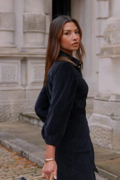 Black Velvet Puff Sleeve Popper Front Midi Dress -Sosandar Fashion Store 0171385acd1e86878240b6230ffbdd3c27071230