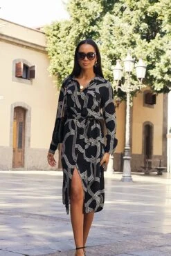 Black Geometric Print Belted Shirt Dress -Sosandar Fashion Store 07a2d9dd419c68e70584e66d2b8cb14f40f3ee18