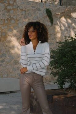 Ivory & Taupe Stripe Quarter Zip Jumper -Sosandar Fashion Store 0ce69b38f9915acc6d1c8228db345e8a2c90c1bf