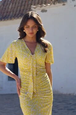 Yellow Spot Print Ruched Front Frill Hem Midaxi Dress -Sosandar Fashion Store 0e1064eccf1a54f120519f12dcff16e1dc9fe91e