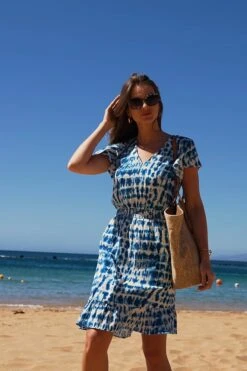 Blue Tie Dye Print Stretch Waist Crinkle Dress -Sosandar Fashion Store 1241021881030da2758c318d7139eb34351f5ade