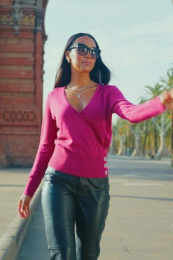 Magenta Faux Wrap Jumper With Diamante Button 11 Magenta Faux Wrap Jumper With Diamante Button -Sosandar Fashion Store 1380711c61e06efef0c7d429317a47d2fe158b6b