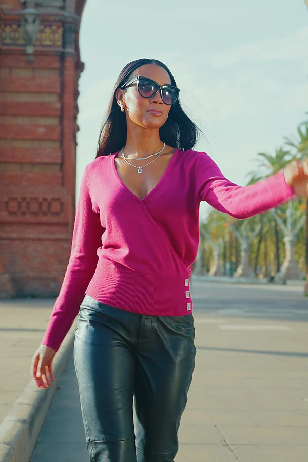 Magenta Faux Wrap Jumper With Diamante Button 7 Magenta Faux Wrap Jumper With Diamante Button - Image 5