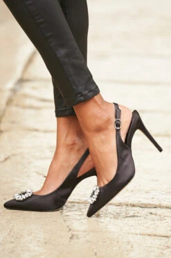Eve Black Rhinestone Detail Slingback Court Shoe -Sosandar Fashion Store 14 s22tj006blsp 127
