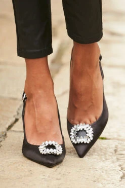 Eve Black Rhinestone Detail Slingback Court Shoe -Sosandar Fashion Store 14 s22tj006blsp 155