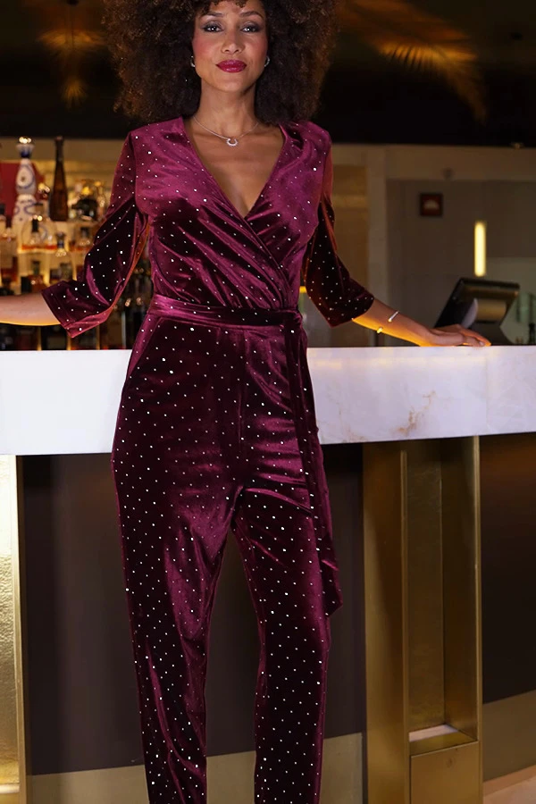 Burgundy Velvet Diamante Stud Faux Wrap Jumpsuit 9 Burgundy Velvet Diamante Stud Faux Wrap Jumpsuit - Image 7