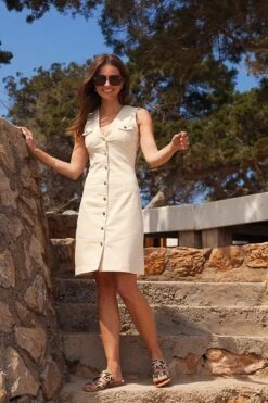 Ecru Gold Button Front Sleeveless Denim Dress -Sosandar Fashion Store 1806af3ede629139b39121a62cdcdfc5bcc8d59d