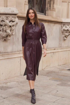 Burgundy Shirred Waist Popper Front Shirt Dress -Sosandar Fashion Store 183c457c5e010dee5376586bcd2377aa9772b179