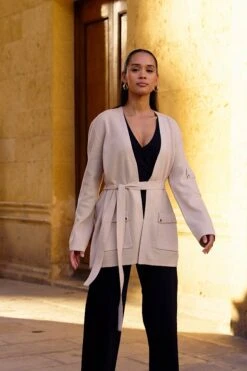 Camel Cargo Pocket Belted Cardigan -Sosandar Fashion Store 195e65d94396eb4313915c6aa9fbab3e558d2c1b