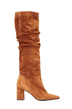 Cognac Brown Suede Pull On Knee High Boot -Sosandar Fashion Store 19 01 12 sosandar ecom jan day22069