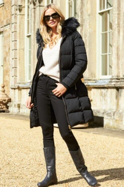 Black Faux Fur Trim Luxe Longline Padded Coat -Sosandar Fashion Store 2020 08 31 aynhoe park sosandar49638