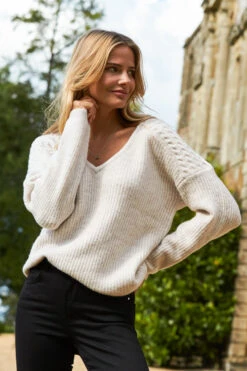 Natural Cable Shoulder V Neck Jumper -Sosandar Fashion Store 2020 08 31 aynhoe park sosandar49977