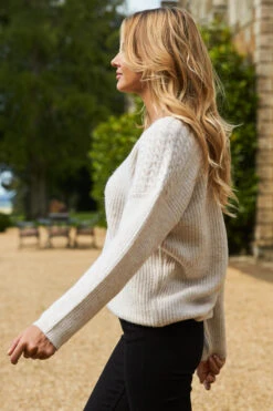 Natural Cable Shoulder V Neck Jumper -Sosandar Fashion Store 2020 08 31 aynhoe park sosandar49991
