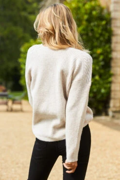 Natural Cable Shoulder V Neck Jumper -Sosandar Fashion Store 2020 08 31 aynhoe park sosandar50009