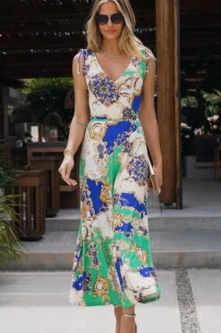 Green Multi Print Tie Shoulder Maxi Jersey Dress -Sosandar Fashion Store 20eb26297cb8daad90b92a432969070ede5d12e4