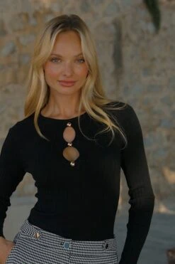 Black Cut Out Gold Button Detail Ribbed Top -Sosandar Fashion Store 2166469d245169007d3a4e316690f6ad415d3135