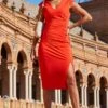 Coral Red Ruched Detail Pencil Dress -Sosandar Fashion Store 2303 28 a22dw080rd0001 28 0020 rt