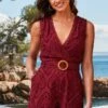 Burgundy Broderie Wrap Front Playsuit With Belt -Sosandar Fashion Store 2403 131 s24jw031rd0039 131 016 swap