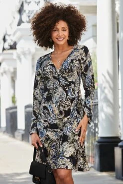 Black Paisley Print Ruffle Hem Mock Wrap Dress -Sosandar Fashion Store 2407 33 a24dj010bkcv01 33 064 rt
