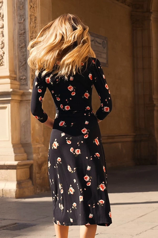 Black Floral Print Ruched Neck Midi Jersey Dress 7 Black Floral Print Ruched Neck Midi Jersey Dress - Image 5