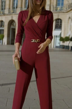 Burgundy Faux Wrap Chain Detail Wide Leg Jumpsuit -Sosandar Fashion Store 2657d2ac8e31886bfe89603a038514df50341871