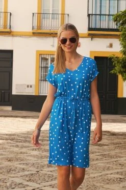 Blue & White Spot Print Tie Waist Relaxed Fit Jersey Dress -Sosandar Fashion Store 26c3b81c8f6669c1082c1b886eada0d72f5bf64d