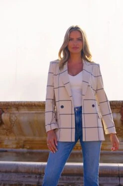 Ivory Check Double Breasted Longline Blazer -Sosandar Fashion Store 27ce417a5d6745ff24d359069ceec83e9acc8251