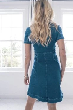 Indigo Blue Short Sleeve Round Neck Zip Front Denim Dress -Sosandar Fashion Store 28d3828126e6971c71f9fbffa894c82c81b74339