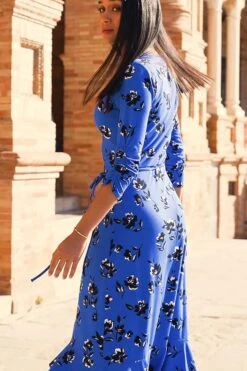 Cobalt Blue Floral Print Ruffle Hem Midi Jersey Dress -Sosandar Fashion Store 2e60de10c9d410edbb0b394bbebb78b4523d330e