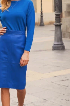 Cobalt Blue Leather Panelled Pencil Skirt -Sosandar Fashion Store 2fa481e2f47bb5240d8761355ae832fb01cb8299