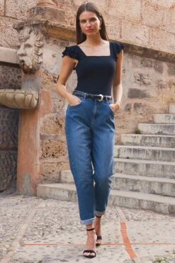 Mid Blue Slim Leg Mom Jeans 17 Mid Blue Slim Leg Mom Jeans -Sosandar Fashion Store 32b479f39db93ada4524e9b1eda14228a466f32b