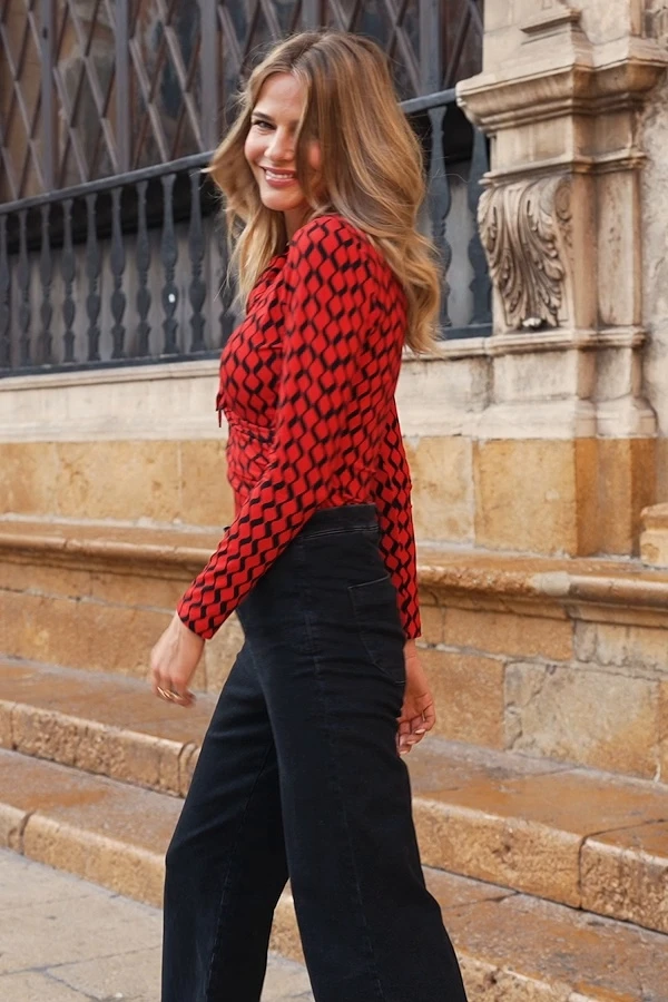 Red & Black Geometric Print Tie Neck Faux Wrap Jersey Top 9 Red & Black Geometric Print Tie Neck Faux Wrap Jersey Top - Image 7