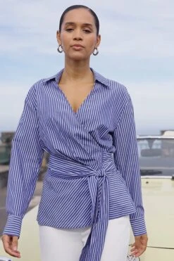 Blue & White Stripe Tie Side Shirt -Sosandar Fashion Store 351f787e1f3a621dd1373d4f0dac2d119bdc127b