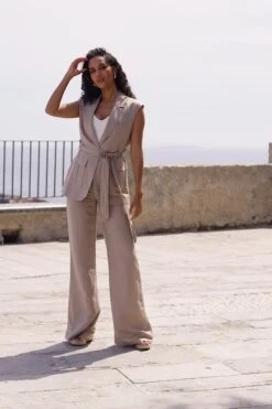 Natural Linen Blend Longline Belted Waistcoat -Sosandar Fashion Store 36bf97f9bb77e98971064a9f04d83fbf