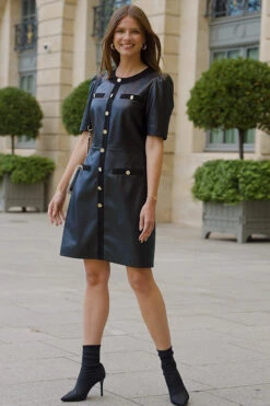 Black Faux Leather Button Front Pocket Detail Shift Dress 15 Black Faux Leather Button Front Pocket Detail Shift Dress -Sosandar Fashion Store 3a32b470b1fef309ff5d768487e71befad51347e