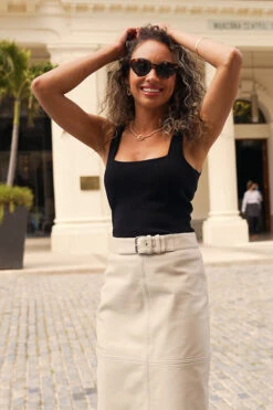 Ecru Leather Buckle Detail Pencil Skirt -Sosandar Fashion Store 3c4ff9969cdf4ad5a017d9c41e0e4ad663020543