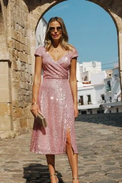 Pink Sequin Wrap Front Fit & Flare Dress -Sosandar Fashion Store 3dee92873b7149b8c4a16daaf48f4167536851e5