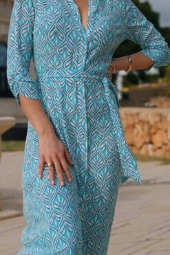 Aqua Blue Geometric Print Tie Waist Shirt Dress -Sosandar Fashion Store 3e6534df3a6983c7ebdd7c7952a7c76b6d9ea9ef
