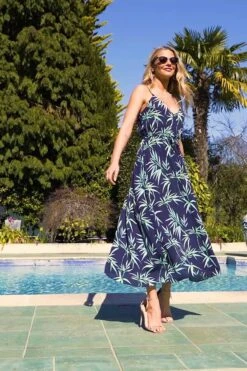 Navy Blue Palm Print Tie Waist Maxi Dress -Sosandar Fashion Store 40070ceb4db694ce6084b86460ff01e7b74b23b2