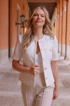 Ivory Metallic Boucle Jacket With Luxe Gold Buttons -Sosandar Fashion Store 413ec60ca802ec39d11fdb1569c2e57446351b49