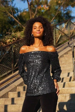 Black Sequin Luxe Bardot Top -Sosandar Fashion Store 45fd6b3cd167abec0eb97957c75039b9b29692bf