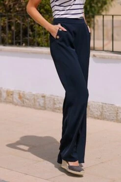 Navy Blue Gold Button Detail Wide Leg Trousers -Sosandar Fashion Store 4bdb6fa51626ba394b07227e7543ac30aa797f61