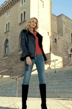 Black Faux Shearling Biker Jacket -Sosandar Fashion Store 4cb05980bd1ce80e77b48bade8dc7e3eeb5c1bcf