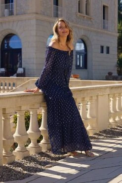 Navy Blue & Gold Metallic Spot Tiered Hem Bardot Maxi Dress 13 Navy Blue & Gold Metallic Spot Tiered Hem Bardot Maxi Dress -Sosandar Fashion Store 4ce018d0d02b55f7b2d0d9a0ff6b0a8aefcdcaac