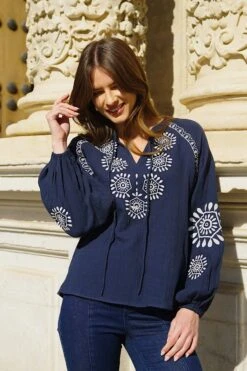 Navy Blue Premium Cotton Embroidered Blouse -Sosandar Fashion Store 5013b40e48a2ce008ec4f25d5d90e408e1b21ef3