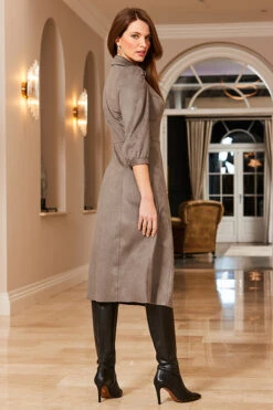 Taupe Faux Suede Popper Front Shirt Dress 15 Taupe Faux Suede Popper Front Shirt Dress -Sosandar Fashion Store 50 a22dp006bn0003 088 taupe rt2