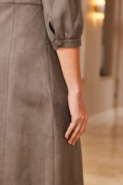 Taupe Faux Suede Popper Front Shirt Dress 18 Taupe Faux Suede Popper Front Shirt Dress -Sosandar Fashion Store 50 a22dp006bn0003 105 taupe rt2